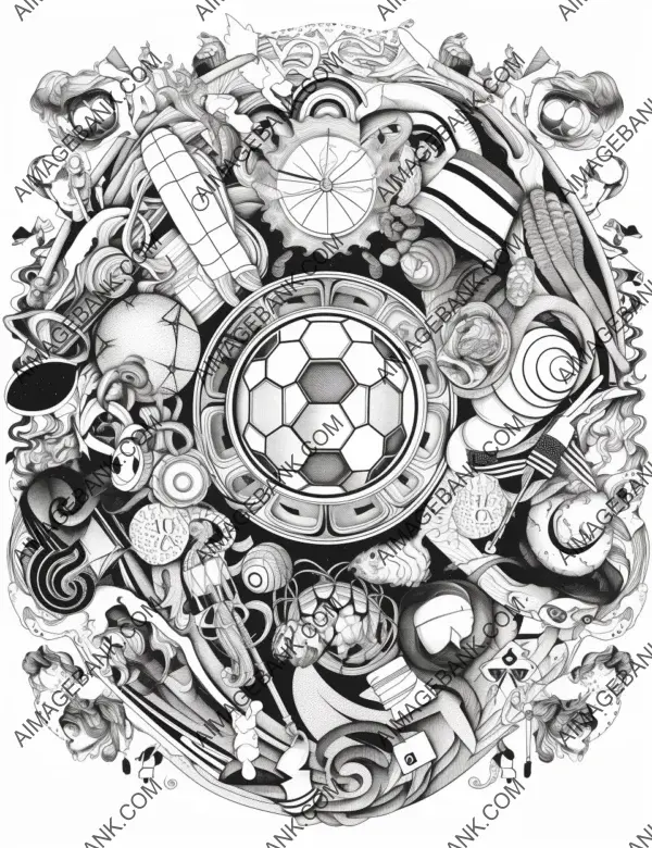 Sport-themed mandalas in black and white coloring book