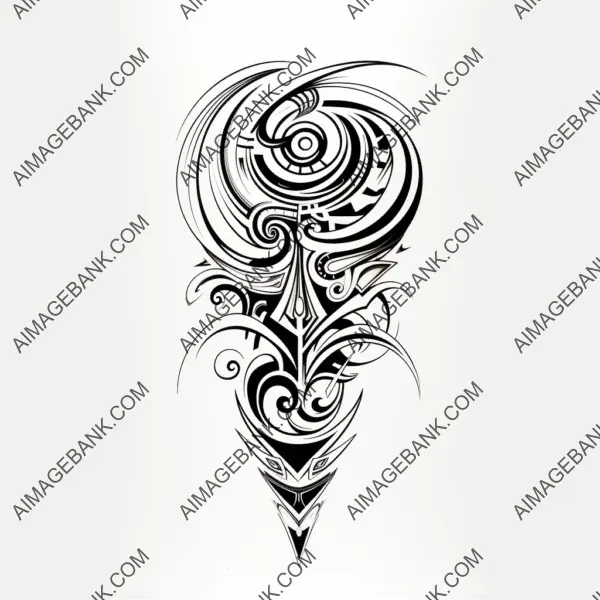 Un dessin tribal unique dans un style tatoo sur fond blanc captivant.