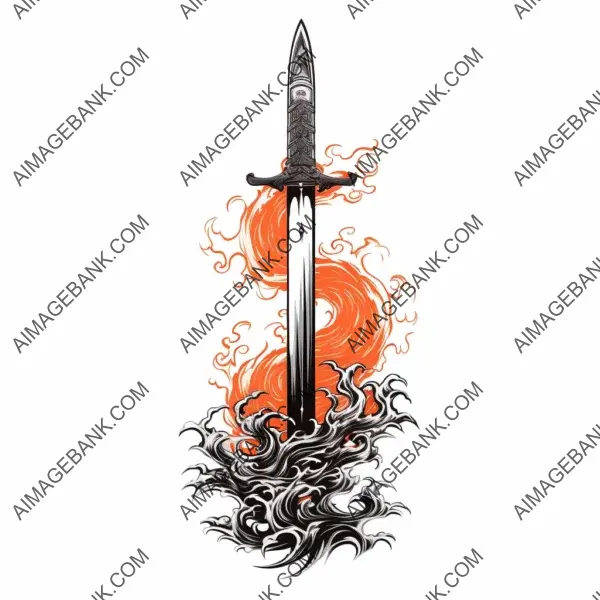 Ignite your passion for Japanese culture with this striking clean lineart ink tattoo design showcasing a flaming katana.