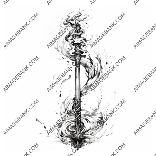 Let the intensity of a flaming katana come alive with this captivating clean lineart ink tattoo design.