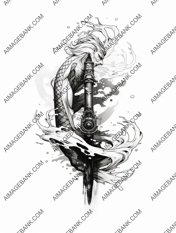 Celebrate the elegance of Japanese culture with this captivating black lineart tattoo design featuring hands holding a samurai sword and a koi fish motif.