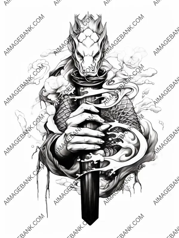 Let this mesmerizing black lineart tattoo design of hands holding a samurai sword and a koi fish awaken your warrior spirit.