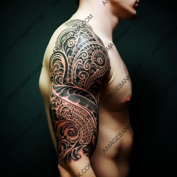 Add a touch of sophistication to your body art with this intricate paisley ornament flourish bicep tattoo design, showcasing ornate details and graceful curves.