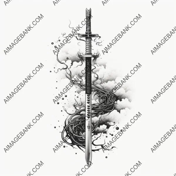 A clean lineart ink tattoo design showcasing a samurai katana sword, devoid of any background.