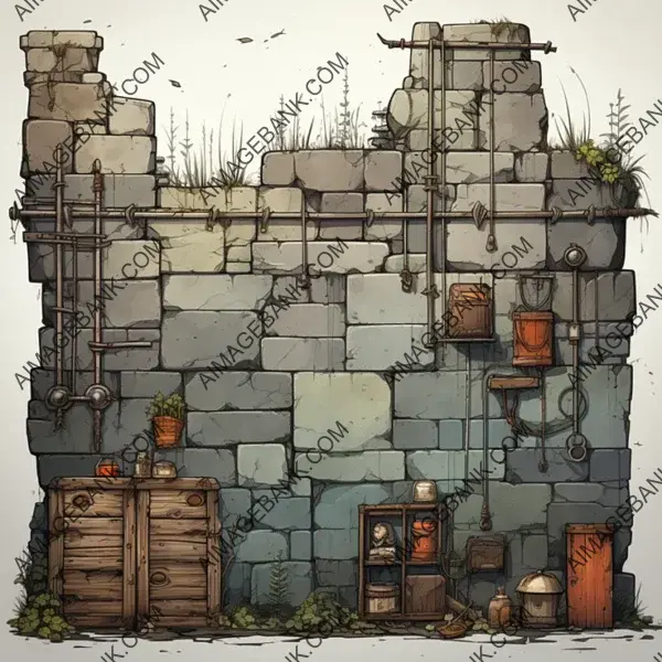 2D game asset: outline tile wall from old blocks.