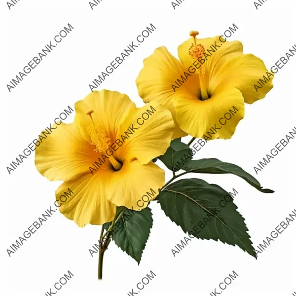 Isolated Yellow Hibiscus Branch with Leaves