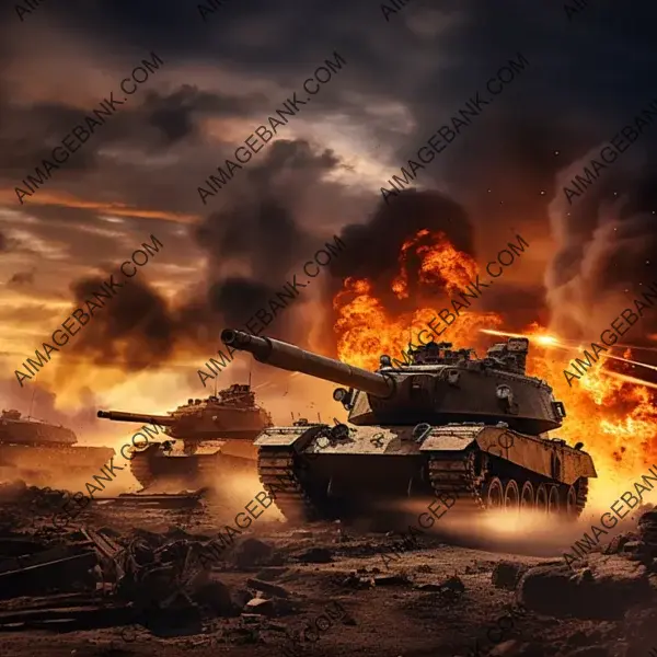 The fierce tank battle with explosions in an open field.