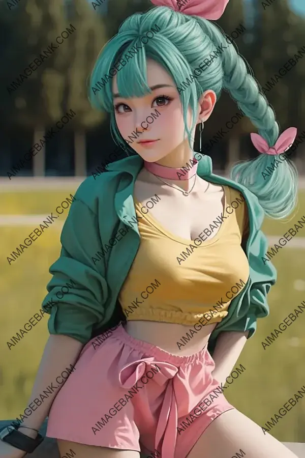 Bulma, a character from Dragon Ball, captivates in her iconic outfit.