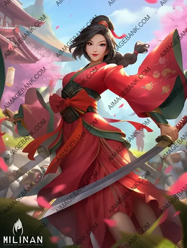 Mulan, a character from Arena of Valor, enchants with her presence.