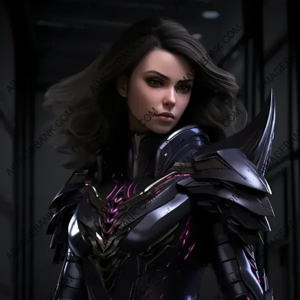 Dark-haired woman showcasing her sleek purple dragoon arm