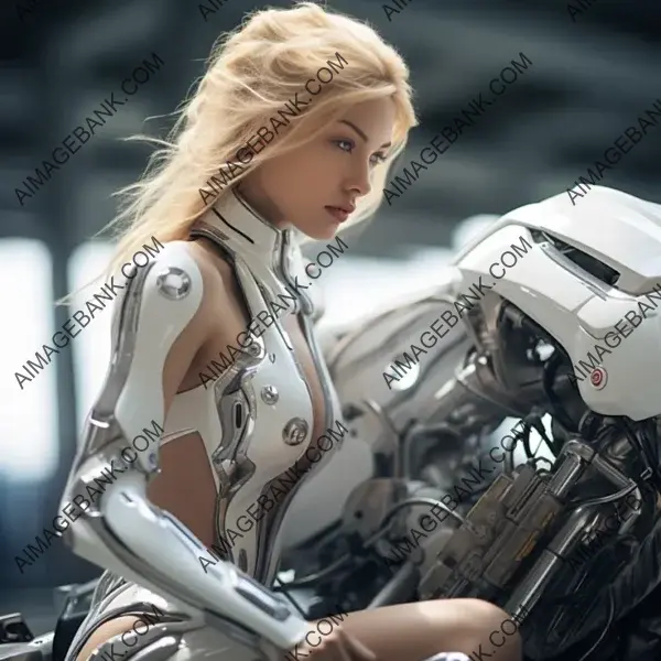 Futuristic character seated on a white motorcycle