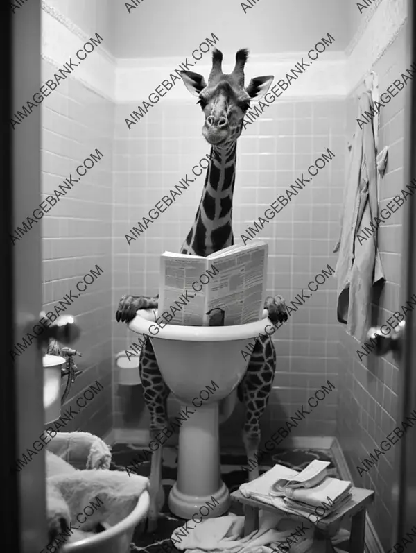 Amusing Scene: Giraffe Enjoys a Toilet Break with a Newspaper.