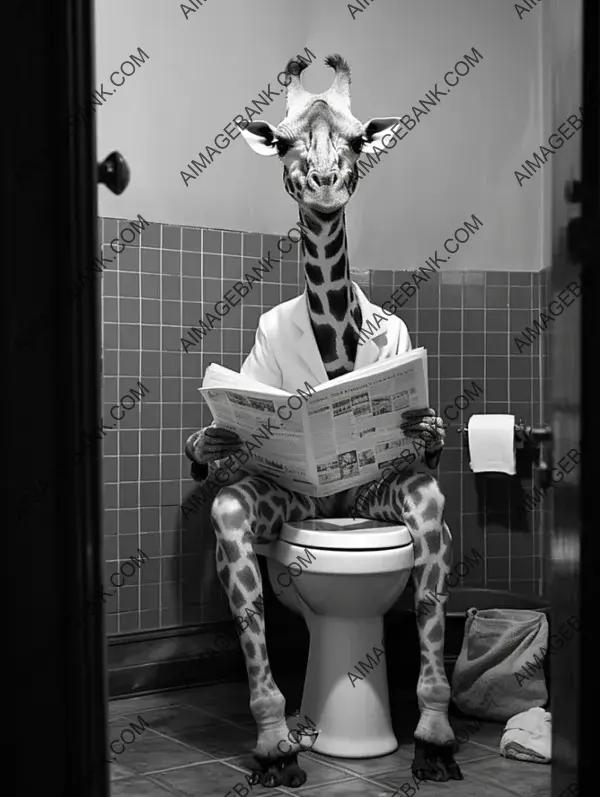 Giraffe&#8217;s Comical Toilet Adventure with a Newspaper.