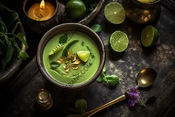 Fresh Lime Juice Infusion: An Artful Flat Lay of Green Coconut Soup