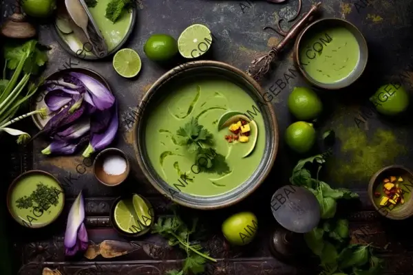 Green Coconut Soup Delight: A Flat Lay Featuring Fresh Lime Juice