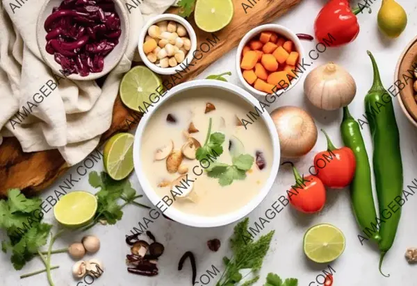 Flavorful Temptations: Tom Kha Gai Captured in a Captivating Flat Lay