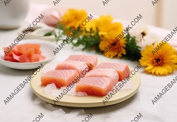 Culinary Artistry: Sashimi Presented in Sharp Focus on White Marble Background