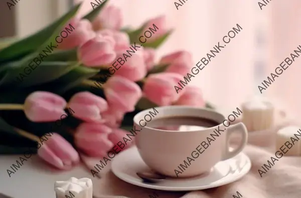 Elegant Bouquet of Pink Tulips Accompanied by a White Coffee Cup