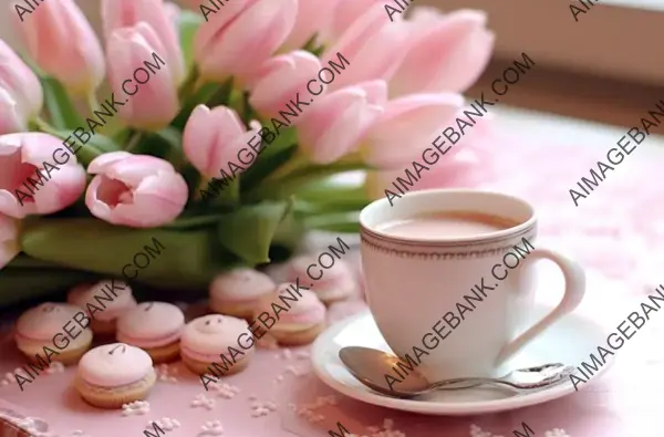 Floral Elegance: Pink Tulips and a White Coffee Cup Create a Beautiful Scene