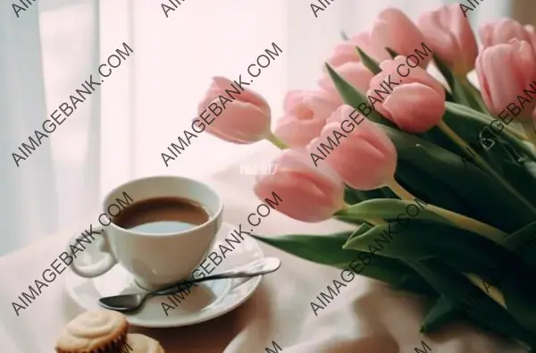 Captivating Scene: Pink Tulips and a White Coffee Cup Convey Elegance