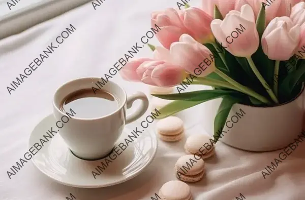 Elegance in Bloom: Bouquet of Pink Tulips Contains a White Coffee Cup for an Artistic Display