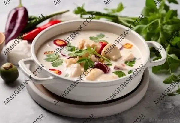 Culinary Excellence: Tom Kha Gai Dish Presented in Sharp Focus on White Marble Background