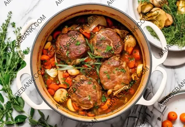 Flat Lay Osso Buco Dish Focus on Sharp White Marble