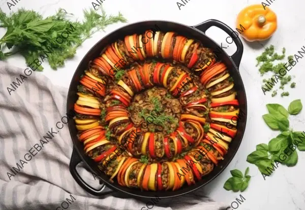 Flat Lay Ratatouille Pan Focus on Sharp White Marble