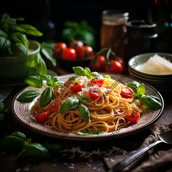 Top View of Luminescent Plate with Spaghetti in Tomato Basil Sauce