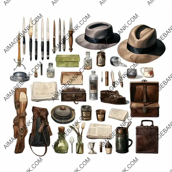 A watercolor-style collection of detective props and belongings.