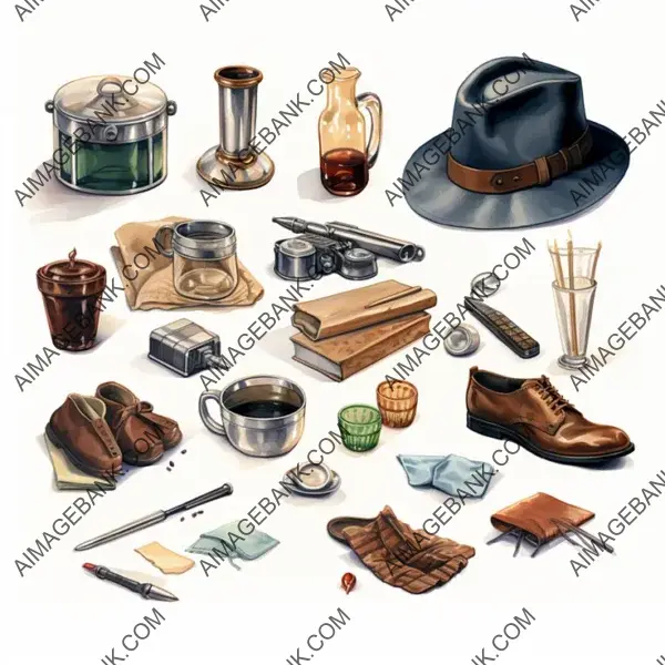 Watercolor-style props and detective tools collection.