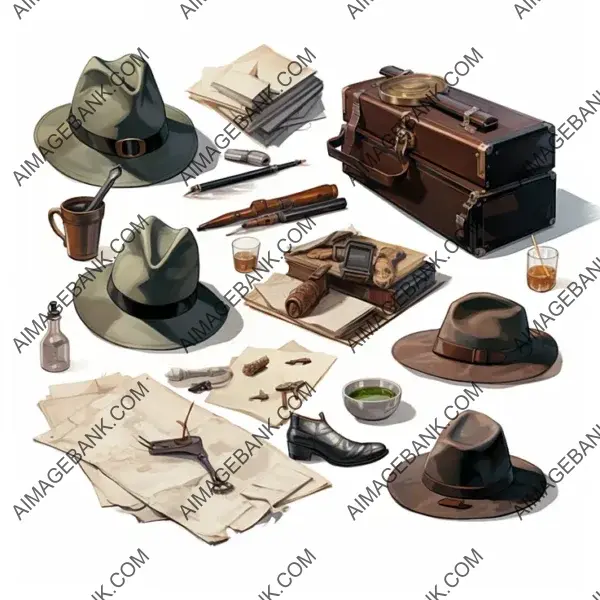 A collection of detective-themed props in a watercolor style.