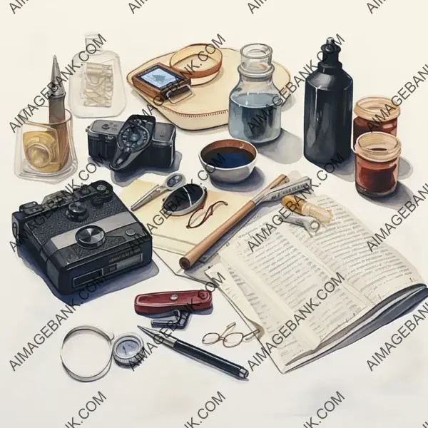 A watercolor-style assortment of detective props and tools.