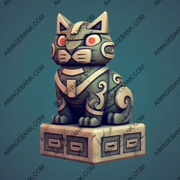 Mayan Mystique: Stone Carving of a Valiant Cat in Gaming.