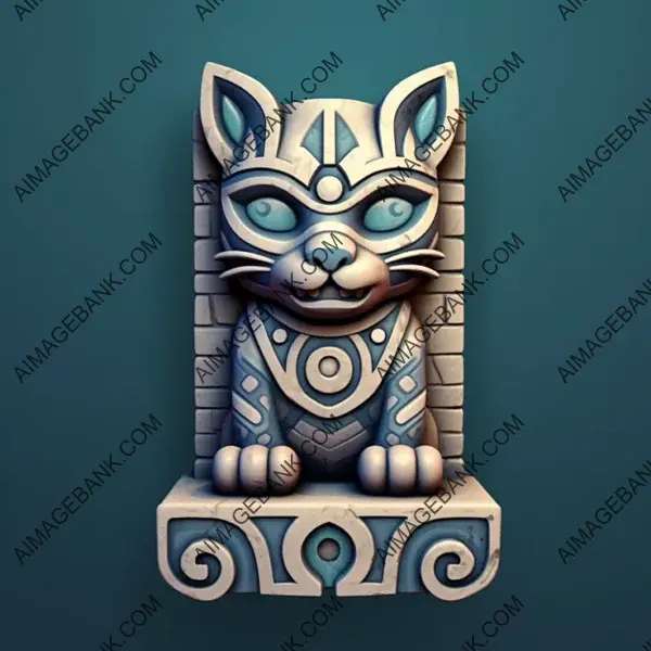 Ancient Mayan Artistry: Stone Carving Depicting a Valiant Cat.