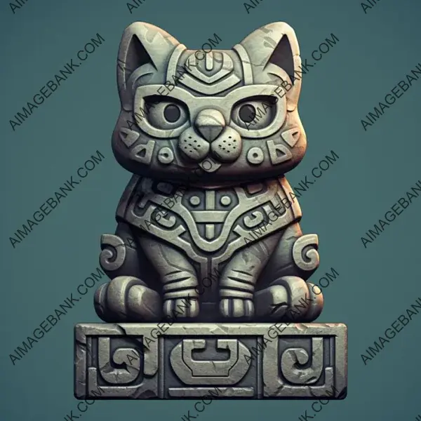 Mayan Majesty: A Stone Carving Featuring a Valiant Cat.