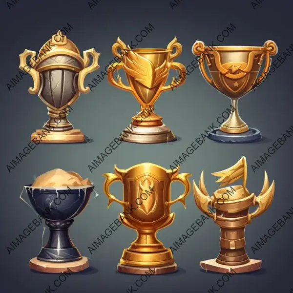 Gaming Triumphs: Diverse Trophy Styles with Gold Accents.