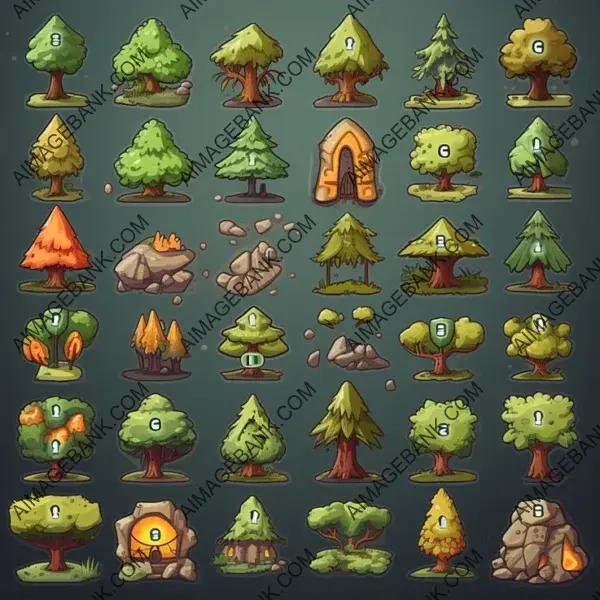 Battle Icons for Deckbuilders: 2D Forest Map.