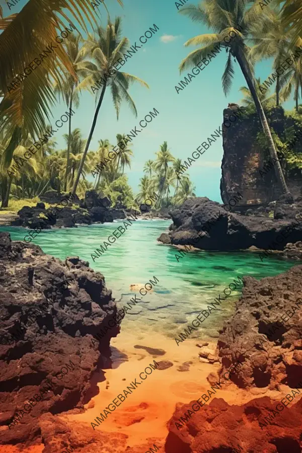 Vintage Image of Lava Rock Beach and Palm Trees.