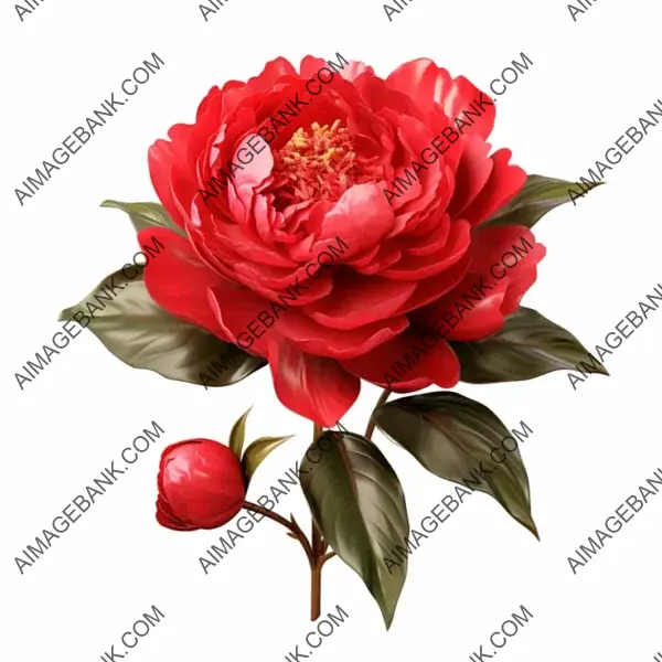 Realistic photo of peony red flower branch with leaves in front view.