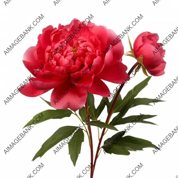 Realistic front view photo of peony red flower branch with leaves.