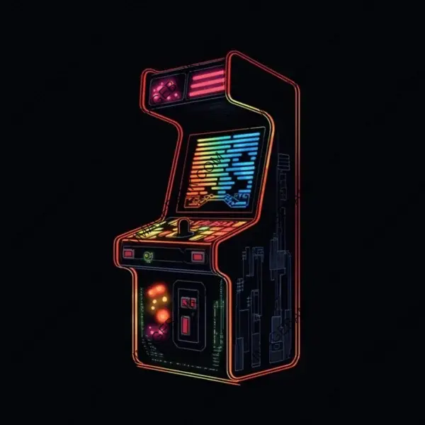 Arcade-themed pixel vector logo on a black backdrop.