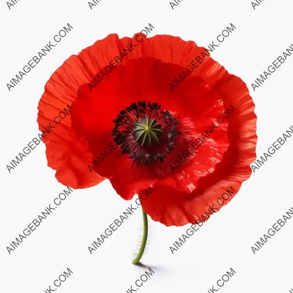 Distinct poppy flower and leaves isolated on white background.