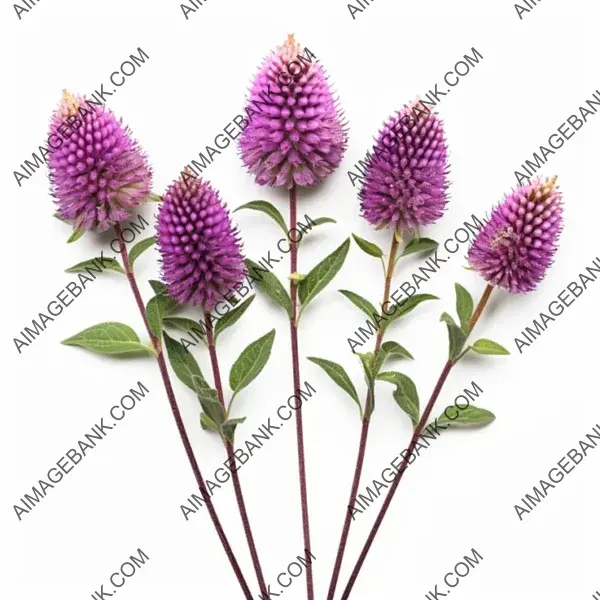 Realistic photo of purple prairie clover flowers with leaves.