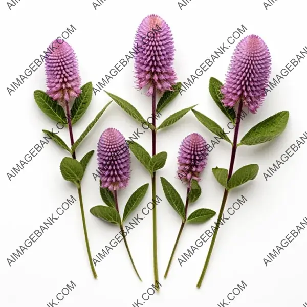 Front view photo of purple prairie clover flowers with leaves.