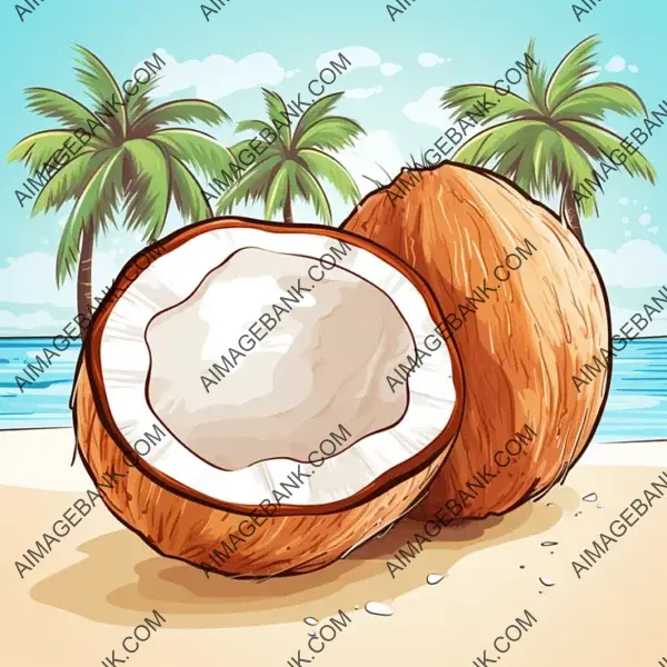 Vibrant Coconut Fruit Artwork in Manga Style: Vector Sticker