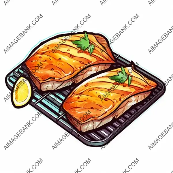 Chic Grilled Salmon Sticker in Manga-Style Design