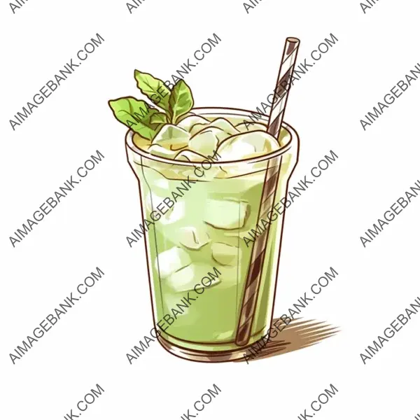 Artistic Hand Drawn Iced Matcha Latte Sticker with Whipped Cream