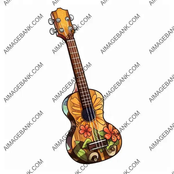 Ukulele in Manga-Style Borderless Sticker Design on White Background