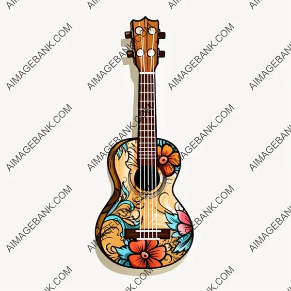 Sleek Ukulele Sticker with Borderless Manga Design on White Background